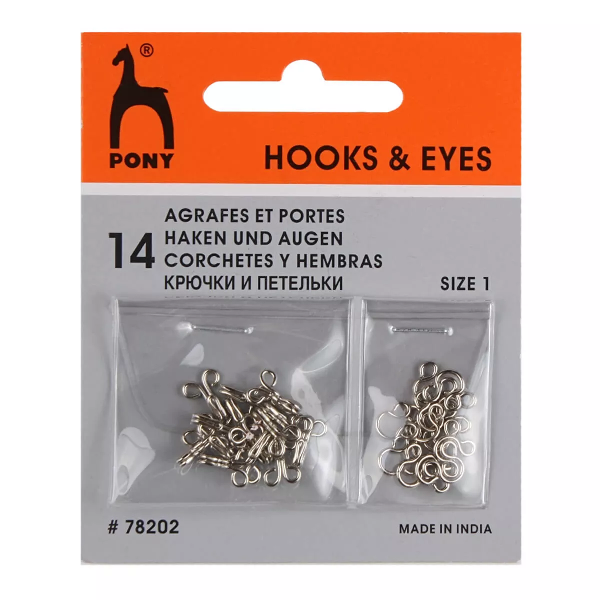 PONY 78202 Крючки с петельками одежные 9 мм, никель, серебристые, 14 шт.