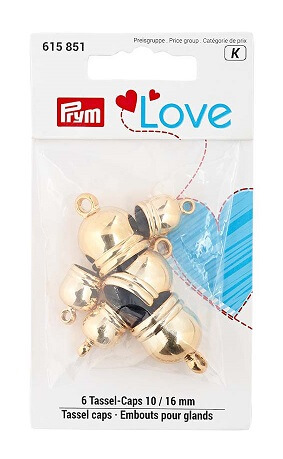 PRYM 615851 Набор концевиков для кистей Prym Love, пластик, золотой цвет, 10 и 16 мм, 6 шт.