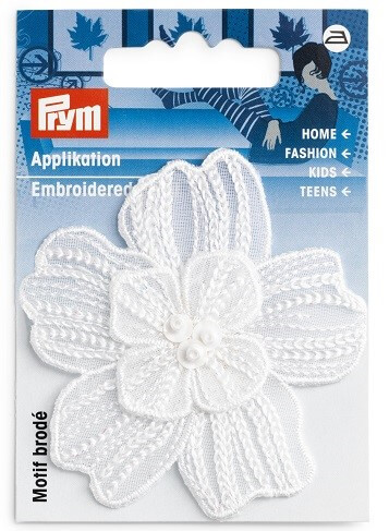 PRYM 926702 Термоаппликация Цветок праздничный малый, белый с блестками, 1 шт.